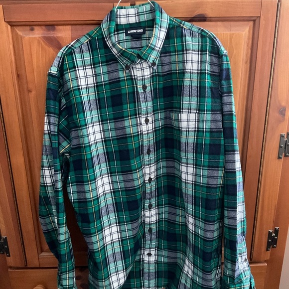 LANDS END Green & Plaid Plaid Flannel Button Down Shirt Mens L/T 16-16.5 - Picture 2 of 4